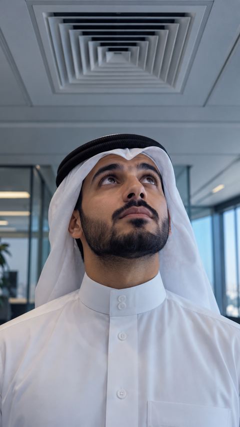 موظف سعودي ينظر إلى فتحة تهوية في السقف