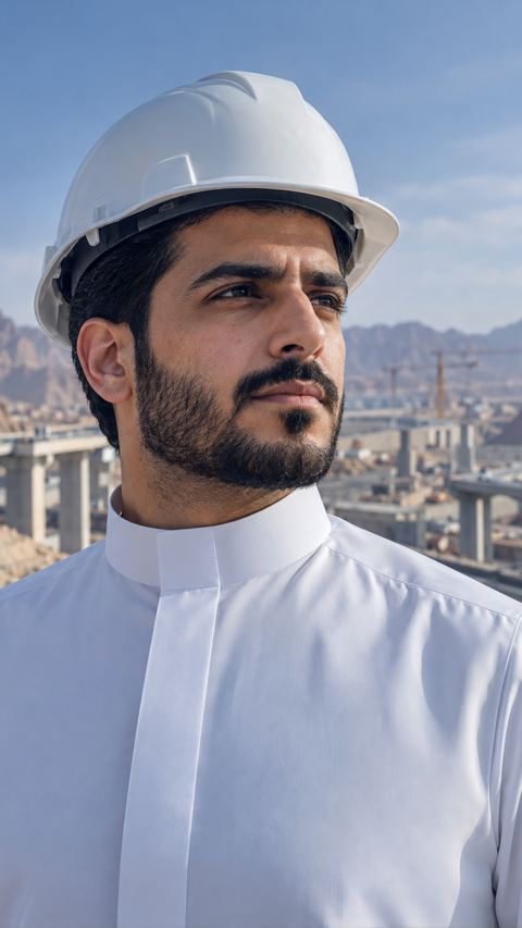 مدير مشروع سعودي بخوذة يتأمل موقع بنية تحتية