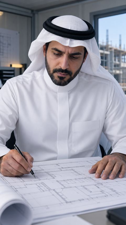 صاحب مشروع سعودي يتفحص مخططاً هندسياً في مكتب الموقع