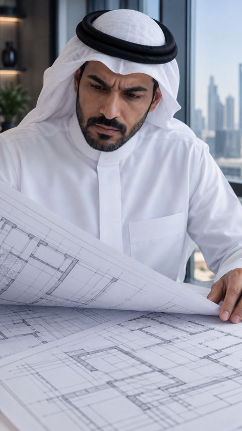 صاحب مشروع سعودي قلق يتفحص مخططات إنشائية متداخلة