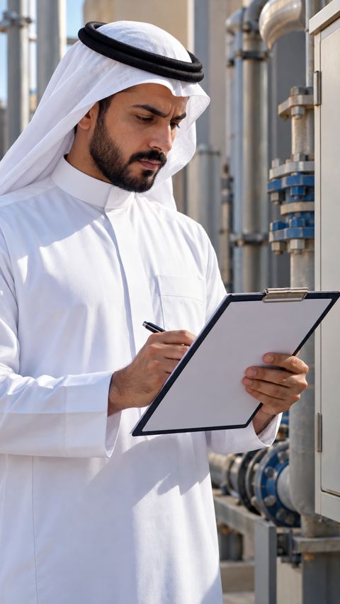 مدير موقع سعودي يركز على لوح الفحص بجانب تمديدات المرافق
