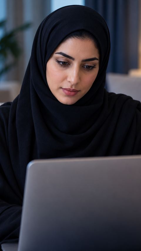 امرأة سعودية تتأمل لابتوبها قبل حجز موعد