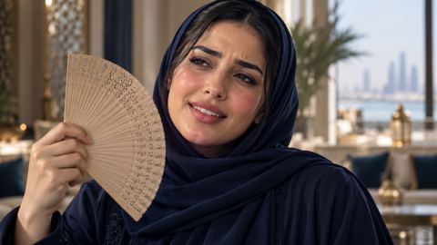 امرأة سعودية يبدو عليها الحر وعدم الارتياح تمسك مروحة يد قرب وجهها