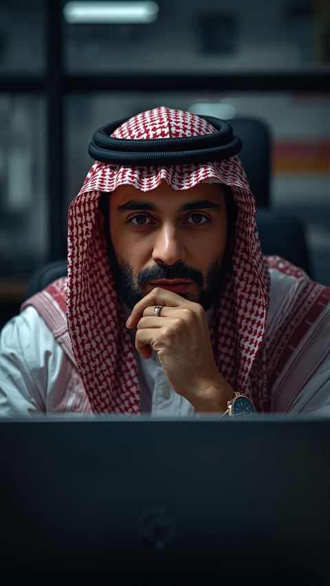 رائد أعمال سعودي متأمل أمام اللابتوب في مكتب محل صغير