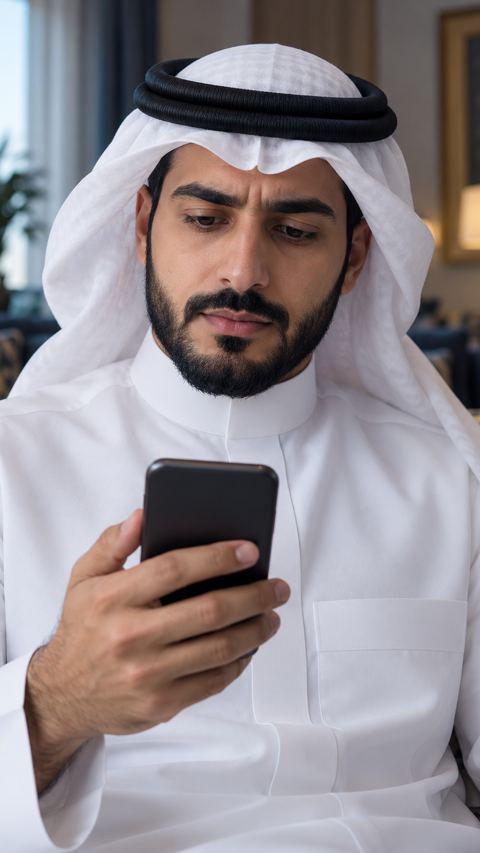 رجل سعودي متأمل يمسك جواله