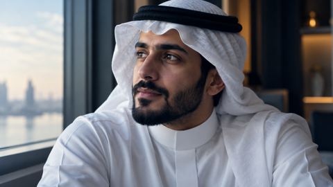 رجل سعودي متأمل جالس بجانب نافذة بإضاءة ناعمة