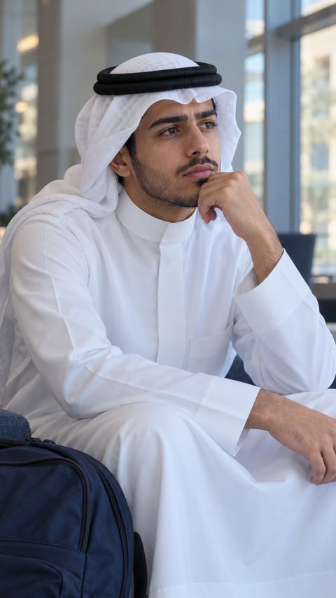 طالب جامعي سعودي متأمل في منطقة انتظار هادئة بالجامعة وبجانبه حقيبته