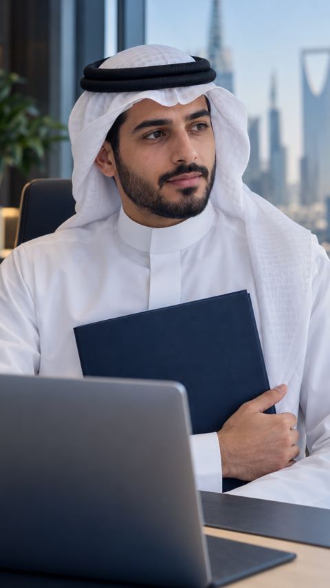 شاب سعودي متأمل يمسك ملفاً بجانب اللابتوب