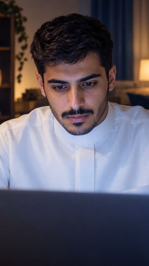 وجه شاب سعودي منتبه يضيئه اللابتوب في مكتب البيت