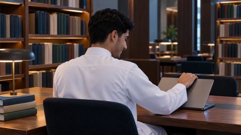 طالب، لابتوب، مكتبة