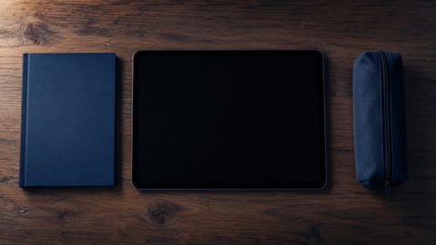 مكتب طالب عليه جهاز لوحي ودفتر ومقلمة، من الأعلى