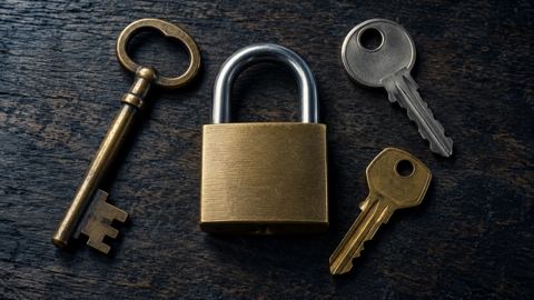 ثلاثة مفاتيح متينة بأشكال مختلفة بجانب قفل واحد، من الأعلى