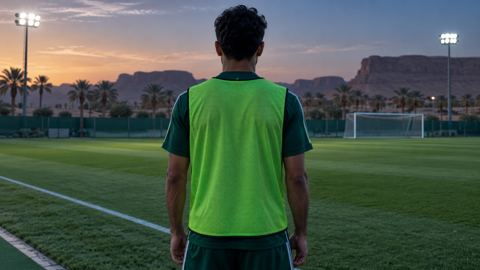 لاعب احتياط واقف عند خط التماس بصدرية تدريب، من الخلف