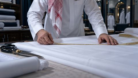 يدا خياط تقيسان القماش لقص ثوب على المقاس في محل خياطة بالرياض