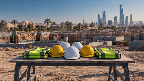 إحاطة لفريق في الموقع والعمال بالخوذ والسترات يستمعون، من الخلف