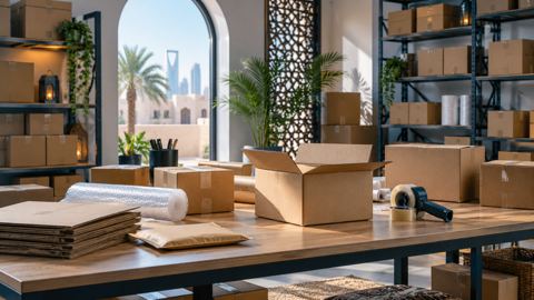 فريق صغير يغلّف الطلبات في مستودع منزلي مضيء، من الخلف