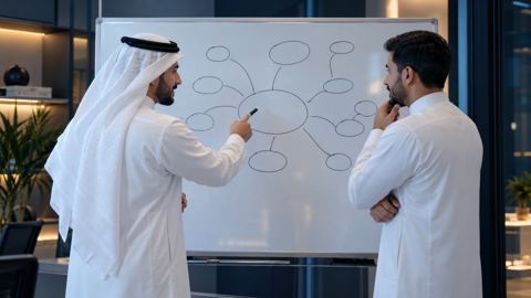 موظفان سعوديان يناقشان خريطة ذهنية على السبورة لأفكار محتوى أصيلة