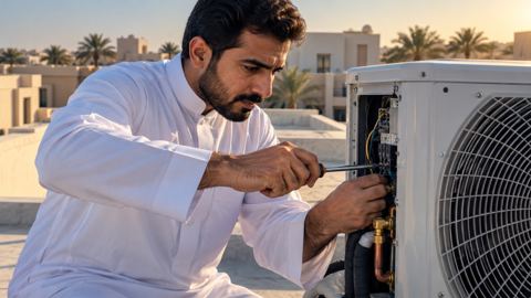 يدا فني يصونان وحدة تكييف على سطح فيلا بعد التسليم