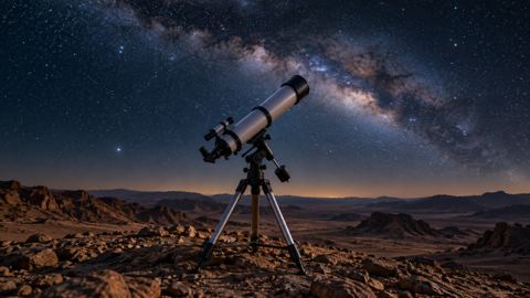 تلسكوب موجّه نحو سماء مليئة بالنجوم من تل صحراوي