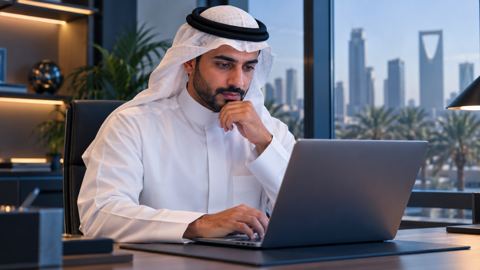 موظف سعودي يقرأ الوصف الوظيفي على اللابتوب بتمعّن في مكتب هادئ