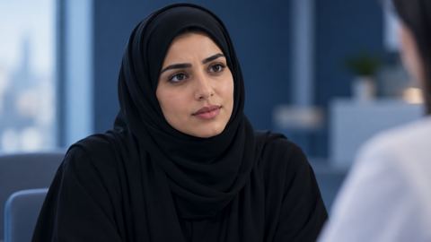 امرأة سعودية متأملة تستمع أثناء استشارة طبية في عيادة بإضاءة ناعمة