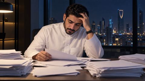 رائد أعمال سعودي متعب أمام كومة فواتير وكشوف حسابات غير مرتبة مساءً