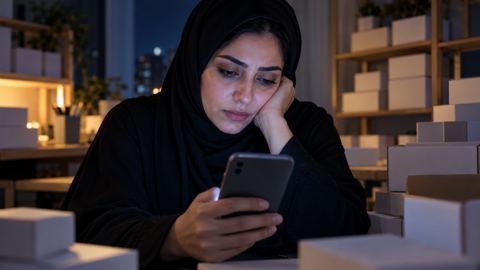 امرأة سعودية متعبة ليلاً تحدق في جوالها وخلفها صناديق منتجات في متجرها المنزلي