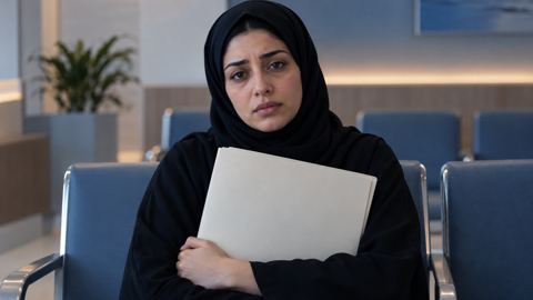 امرأة سعودية متعبة تمسك ملفاً طبياً مغلقاً في غرفة انتظار هادئة