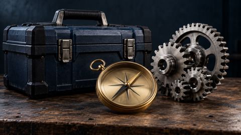 صندوق عدة وبوصلة وتروس على طاولة، كل منها يمثل خدمة