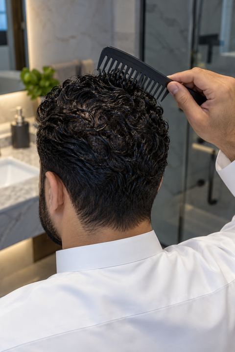 مشط واسع الأسنان فوق شعر مجعد رطب في ضوء الحمام