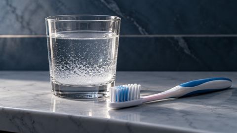 فرشاة أسنان ناعمة وكوب ماء وملح على رف حمام نظيف