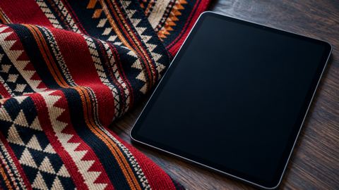 نقوش السدو السعودية الملونة بجانب جهاز لوحي حديث على مكتب