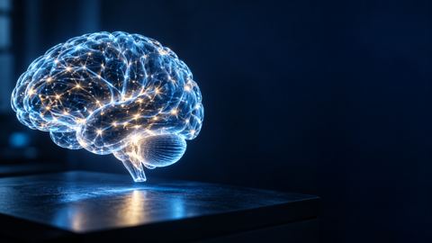 دماغ شفاف من دوائر ضوئية يطفو فوق مكتب داكن