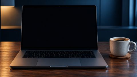 تجهيز مكالمة فيديو بلابتوب وكوب قهوة على مكتب