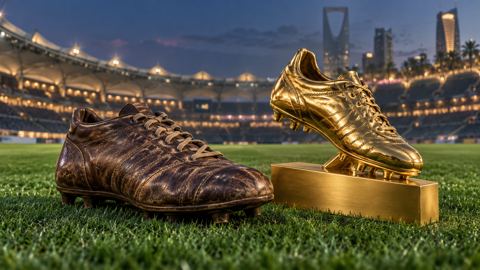 حذاء كرة قدم قديم بجانب كأس الهداف الذهبية على ملعب أخضر