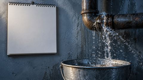 تقويم جداري بجانب أنبوب ماء مكسور يقطر في دلو