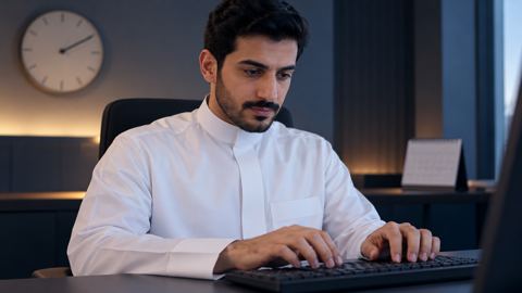 ساعة حائط وتقويم مكتبي خلف شخص يكتب على لوحة المفاتيح في مكان هادئ