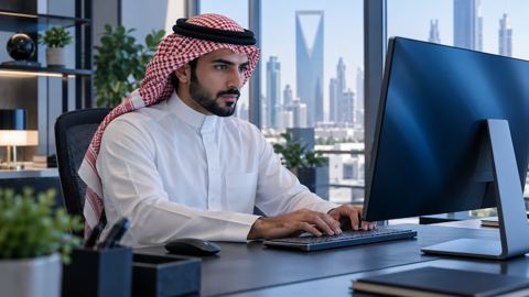 مدير مواقع يراجع إعدادات الوصول للخادم على شاشة في مكتب مضيء