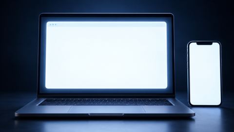 إطار متصفح يضيء على شاشة لابتوب بجانب جوال
