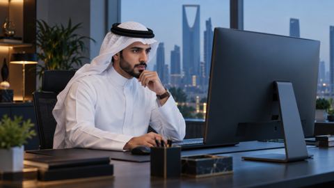 مطور مواقع في مكتب سعودي يدقق أسطر الكود على شاشة كبيرة
