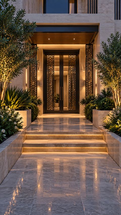 مدخل عمارة سكنية نظيف في الرياض بنباتات خضراء
