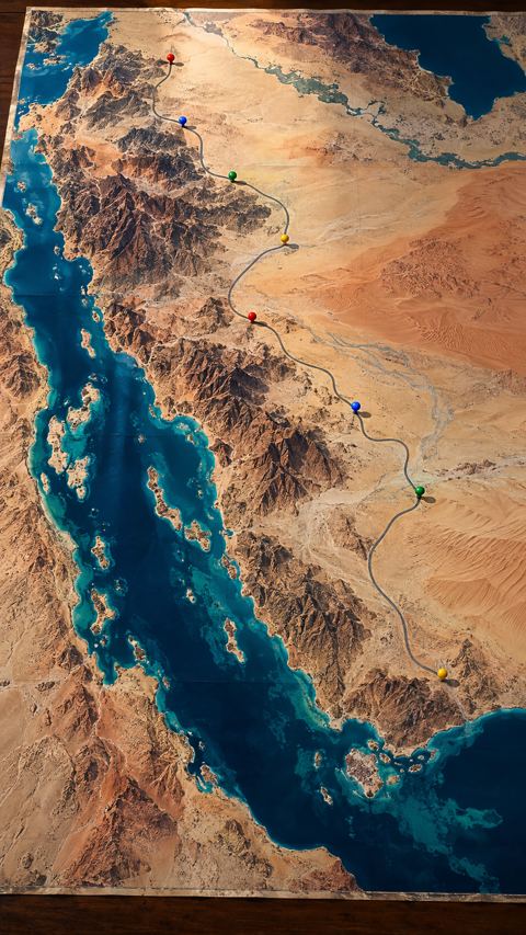مسار متعرج مرسوم كخريطة طريق على طاولة كبيرة بدبابيس ملونة، من الأعلى