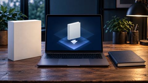 لابتوب يعرض تحميل كتاب رقمي بجانب علبة منتج ودفتر على مكتب خشبي