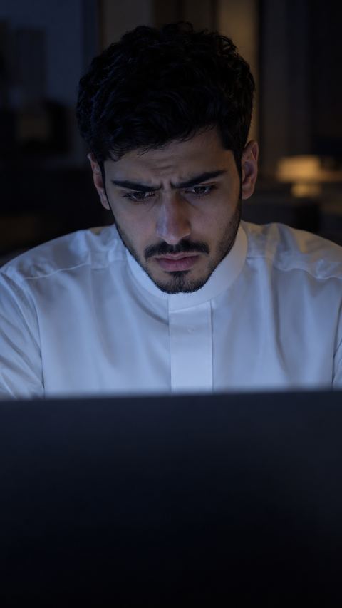 شاب سعودي قلق يحدّق في شاشة مليئة بالروابط ليلاً