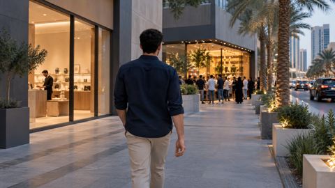 شاب يمشي متجاوزاً محلاً هادئاً نحو محل مزدحم في شارع بالرياض، من الخلف