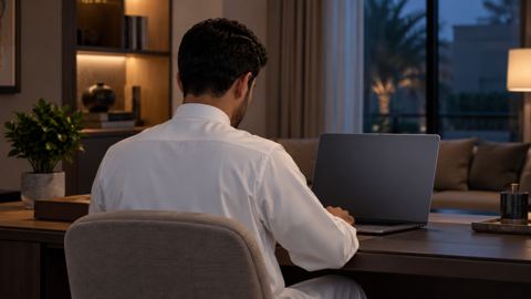 شاب بثوب أبيض يقرأ بتمعن على لابتوب في مكتب البيت، من الخلف