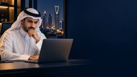 صاحب عمل سعودي شاب بثوب أبيض محتار أمام خانة بحث في مكتب حديث بالرياض