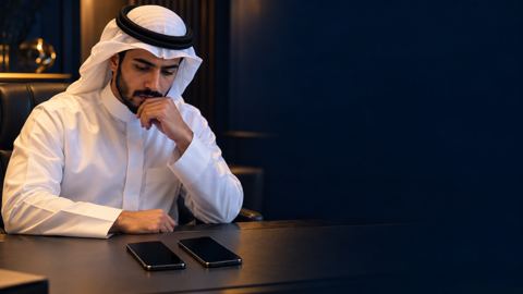 صاحب عمل سعودي شاب بثوب أبيض يتأمل جوالين متجاورين على مكتبه