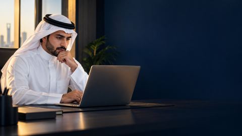 صاحب عمل سعودي شاب بثوب أبيض يتأمل نتائج البحث على شاشة لابتوبه