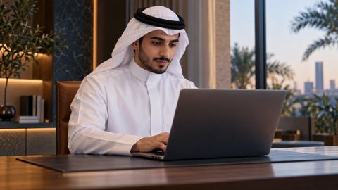 رائد أعمال سعودي شاب ينشئ متجراً إلكترونياً على اللابتوب في البيت